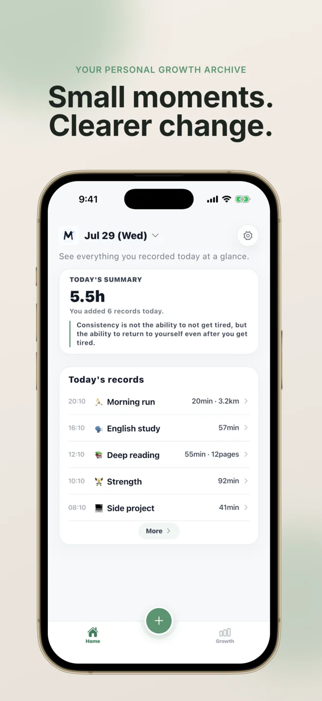 MOA iPhone home screen showing today's records and activity time
