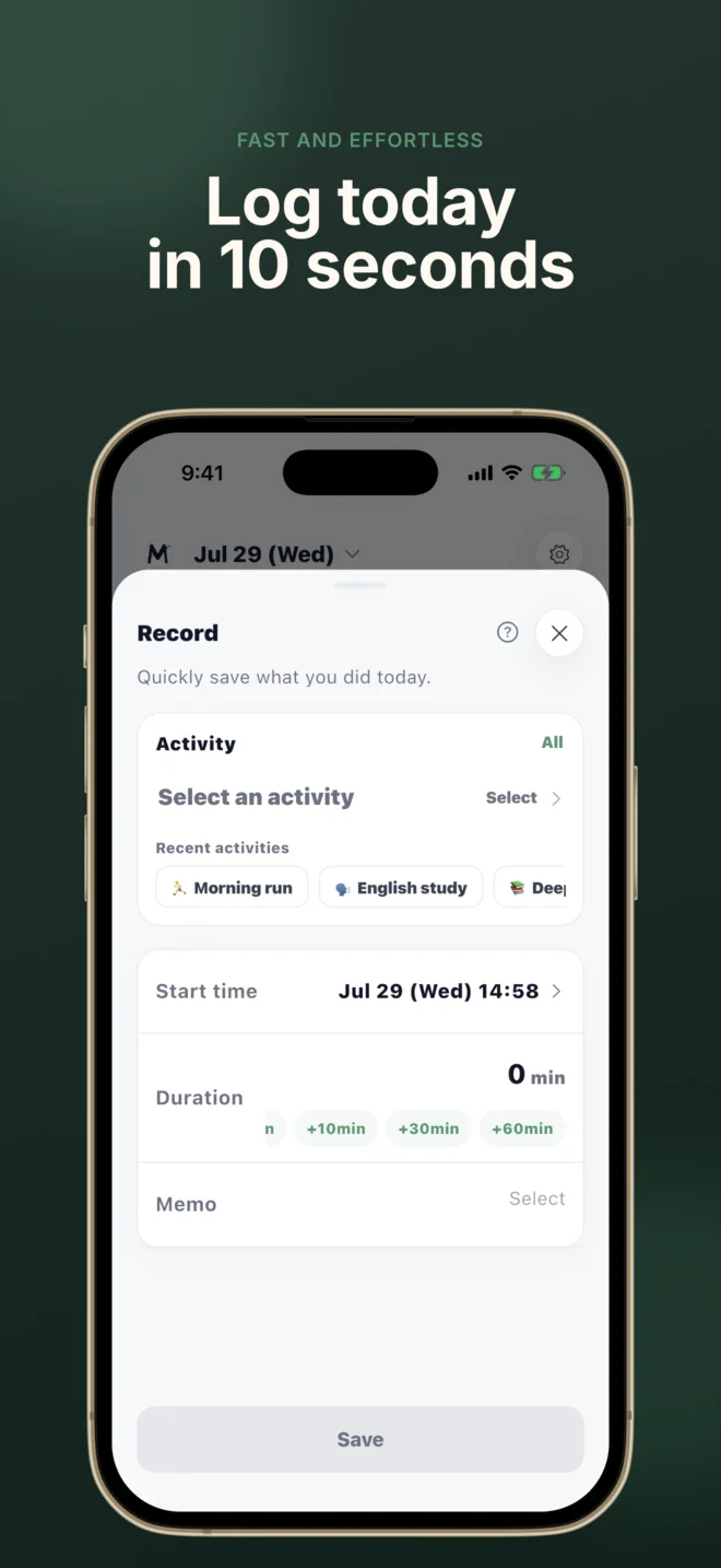 MOA quick record screen for logging an activity and time