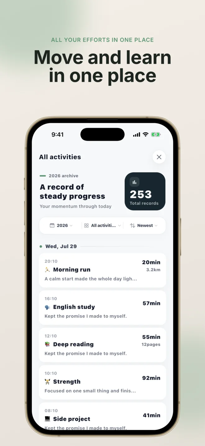 MOA screen collecting workout, study, and all activity records