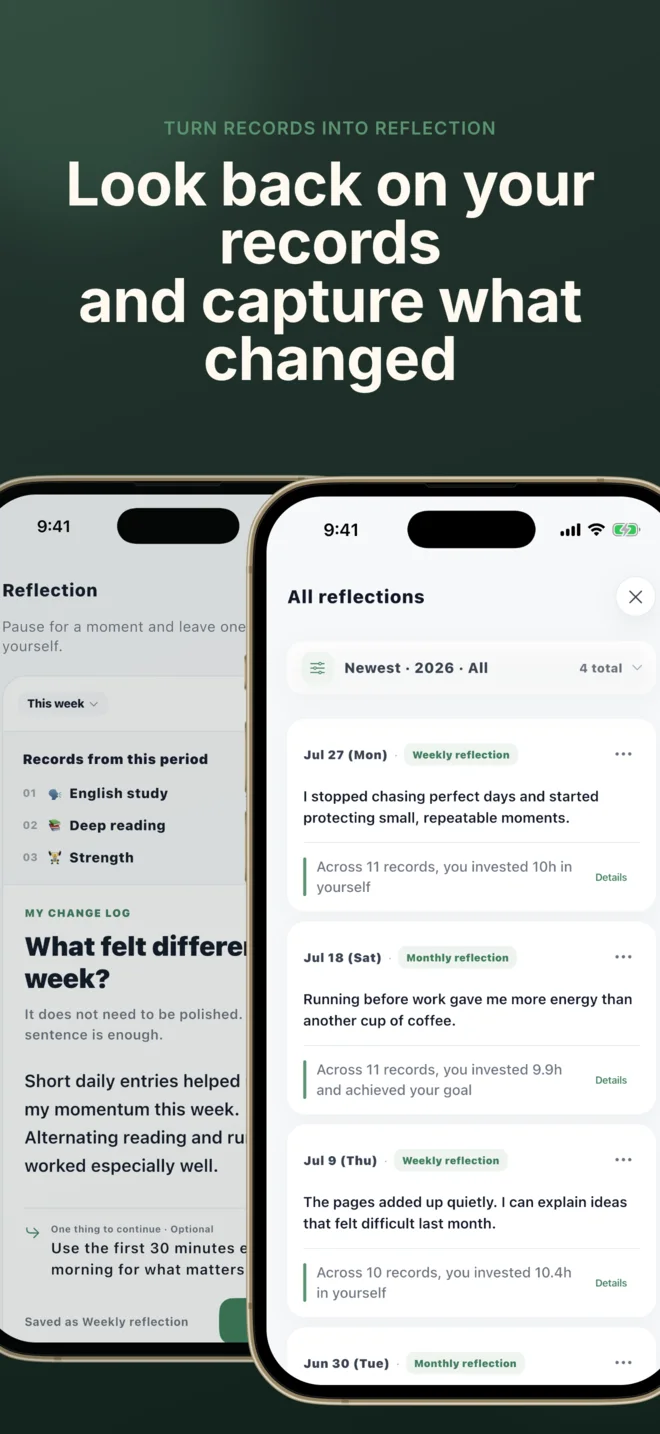 MOA reflection list and reflection writing screen